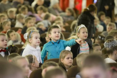 Belarus, Gomel, December 18, 2018.Central Library. Many children of the audience. Children's auditorium