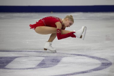 Belarus, Minsk, 25 Ocak 2019. Minsk Arena. Avrupa Artistik Patinaj Championship.Bronze madalya Artistik patinajcı Viveca Lindfors