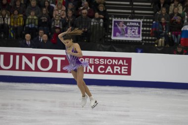 Belarus, Minsk, 25 Ocak 2019. Minsk Arena. Avrupa Artistik Patinaj Championship.European şampiyonu artistik buz pateninde Sofia Samodurova buz pateni serbest program.