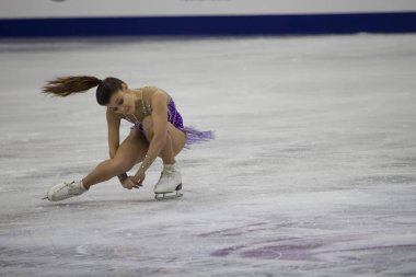 Belarus, Minsk, 25 Ocak 2019. Minsk Arena. Avrupa Artistik Patinaj Championship.European şampiyonu artistik buz pateninde Sofia Samodurova buz pateni serbest program.