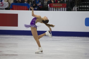 Belarus, Minsk, 25 Ocak 2019. Minsk Arena. Avrupa Artistik Patinaj Championship.European şampiyonu artistik buz pateninde Sofia Samodurova buz pateni serbest program.