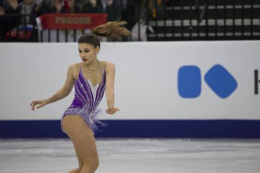 Belarus, Minsk, 25 Ocak 2019. Minsk Arena. Avrupa Artistik Patinaj Championship.European şampiyonu artistik buz pateninde Sofia Samodurova buz pateni serbest program.