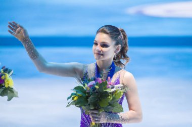 Belarus, Minsk, 25 Ocak 2019. Minsk Arena. Avrupa Artistik Patinaj Championship.Belarus, Minsk, 25 Ocak 2019. Minsk Arena. Avrupa'nın Avrupa Artistik Patinaj Championship.Sofia Samodurova şampiyonu sezonunda artistik buz pateni.