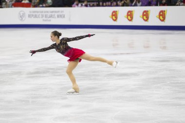 Belarus, Minsk, 25 Ocak 2019. Minsk Arena. Rasgele bir programı Artistik Patinaj Şampiyonası Avrupa Artistik Patinaj Championship.Alina Zagitova gümüş madalya alır