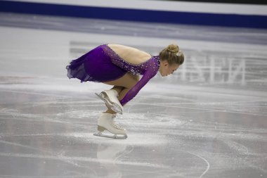 Belarus, Minsk, Ice Arena, 25 Ocak 2019. Avrupa Artistik Patinaj Şampiyonası. Fin buz patenci Amy Peltonen program haddeleme