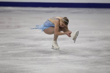 Belarus, Minsk, Ice Arena, 25/01/2019. Onun programı Avrupa Artistik Patinaj Championship.Woman Artistik patinajcı Slovakya Nikola Raikova gelen alır