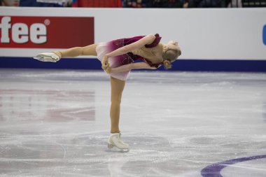 Belarus, Minsk, Ice Arena, 25 Ocak 2019. Avrupa Artistik Patinaj Championship.Bulgarian buz patenci Alexandra Feigin ücretsiz program alır. Hakaret unsuru