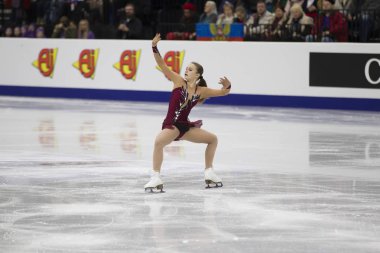 Belarus, Minsk, Ice Arena, 25 Ocak 2019. Avrupa Artistik Patinaj Şampiyonası. Azerbaycan Artistik patinajcı Ekaterina Ryabova ücretsiz program gerçekleştirir.