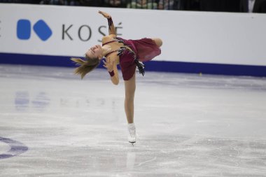 Belarus, Minsk, Ice Arena, 25 Ocak 2019. Avrupa Artistik Patinaj Şampiyonası. Azerbaycan Artistik patinajcı Ekaterina Ryabova ücretsiz program gerçekleştirir.