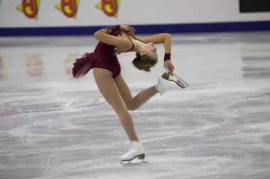 Belarus, Minsk, Ice Arena, 25 Ocak 2019. Ücretsiz program Avrupa Artistik Patinaj Championship.Azerbaijani buz patenci Ekaterina Ryabova gerçekleştirir