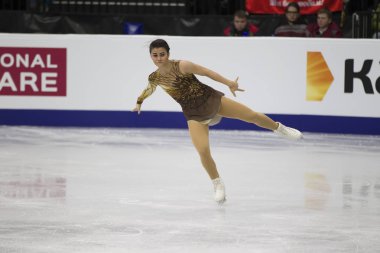Belarus, Minsk, Ice Arena, 25 Ocak 2019. Avrupa Artistik Patinaj Şampiyonası. Macar buz patencisi buz patencisi Yvette Totn ücretsiz program gerçekleştirir