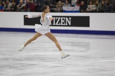 Belarus, Minsk, Ice Arena, 25 Ocak 2019. Ücretsiz program Avrupa Artistik Patinaj Championship.Swiss şekil Yasmine Kimiko Yamada patenci gerçekleştirir