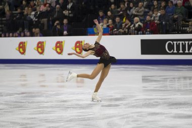 Belarus, Minsk, Ice Arena, 25 Ocak 2019. Ücretsiz program Avrupa Artistik Patinaj Championship.German buz patenci Nichol Schott gerçekleştirir