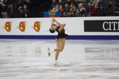 Belarus, Minsk, Ice Arena, 25 Ocak 2019. Ücretsiz program Avrupa Artistik Patinaj Championship.German buz patenci Nichol Schott gerçekleştirir