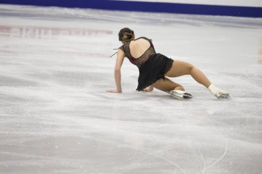 Belarus, Minsk, Ice Arena, 25 Ocak 2019. Ücretsiz program Avrupa Artistik Patinaj Championship.German buz patenci Nichol Schott gerçekleştirir