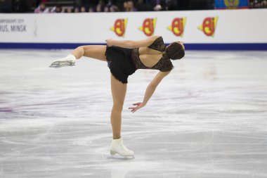 Belarus, Minsk, Ice Arena, 25 Ocak 2019. Ücretsiz program Avrupa Artistik Patinaj Championship.German buz patenci Nichol Schott gerçekleştirir