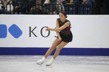 Belarus, Minsk, Ice Arena, 25 Ocak 2019. Ücretsiz program Avrupa Artistik Patinaj Championship.German buz patenci Nichol Schott gerçekleştirir