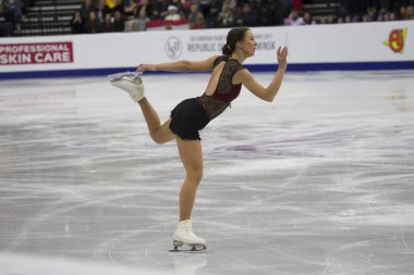 Belarus, Minsk, Ice Arena, 25 Ocak 2019. Ücretsiz program Avrupa Artistik Patinaj Championship.German buz patenci Nichol Schott gerçekleştirir