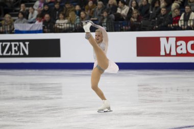 Belarus, Minsk, Ice Arena, 25 Ocak 2019. Ücretsiz program Avrupa Artistik Patinaj Championship.Slovak buz patenci Dasha Grm gerçekleştirir