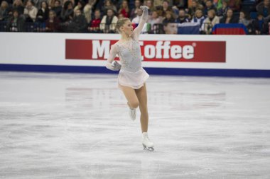 Belarus, Minsk, Ice Arena, 25 Ocak 2019. Ücretsiz program Avrupa Artistik Patinaj Championship.Slovak buz patenci Dasha Grm gerçekleştirir