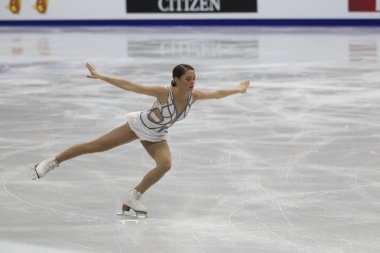 Belarus, Minsk, Ice Arena, 25/01/2019. Avrupa Artistik Patinaj Championship.British buz patenci Natasha Mkay ücretsiz program gerçekleştirir