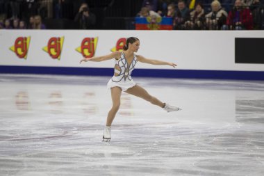 Belarus, Minsk, Ice Arena, 25/01/2019. Avrupa Artistik Patinaj Championship.British buz patenci Natasha Mkay ücretsiz program gerçekleştirir