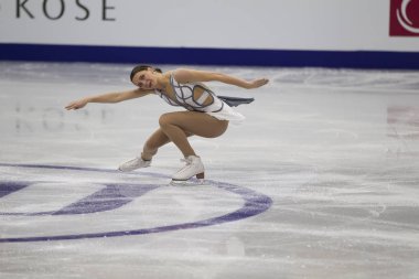 Belarus, Minsk, Ice Arena, 25/01/2019. Avrupa Artistik Patinaj Championship.British buz patenci Natasha Mkay ücretsiz program gerçekleştirir