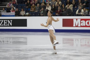 Belarus, Minsk, Ice Arena, 25/01/2019. Avrupa Artistik Patinaj Championship.British buz patenci Natasha Mkay ücretsiz program gerçekleştirir