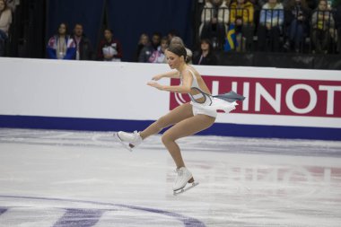 Belarus, Minsk, Ice Arena, 25/01/2019. Avrupa Artistik Patinaj Championship.British buz patenci Natasha Mkay ücretsiz program gerçekleştirir