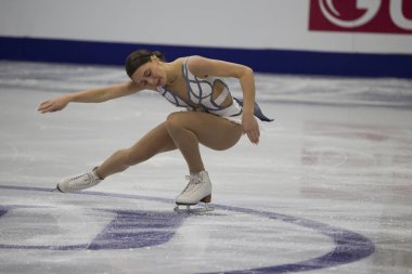 Belarus, Minsk, Ice Arena, 25/01/2019. Avrupa Artistik Patinaj Championship.British buz patenci Natasha Mkay ücretsiz program gerçekleştirir