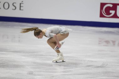 Belarus, Minsk, Ice Arena, 25 Ocak 2019. Avrupa Artistik Patinaj Championship.Armenian buz patenci Anastasia Galustyan ücretsiz program gerçekleştirir