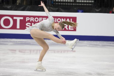 Belarus, Minsk, Ice Arena, 25 Ocak 2019. Avrupa Artistik Patinaj Championship.Armenian buz patenci Anastasia Galustyan ücretsiz program gerçekleştirir
