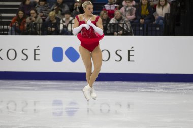 Belarus, Minsk, Ice Arena, 25 Ocak 2019. Ücretsiz program Avrupa Artistik Patinaj Championship.Danish buz patenci Pernile Sorensen gerçekleştirir