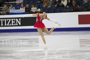 Belarus, Minsk, Ice Arena, 25 Ocak 2019. Ücretsiz program Avrupa Artistik Patinaj Championship.Danish buz patenci Pernile Sorensen gerçekleştirir