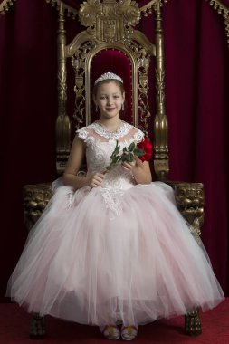 Genç kız kırmızı lüks royal koltukta, akıllı. Kız Prenses. Kraliçe kırmızı bir sandalyede. Eski bir kırmızı koltuk beyaz bir elbise içinde kırmızı bir gül ile lüks genç bayan