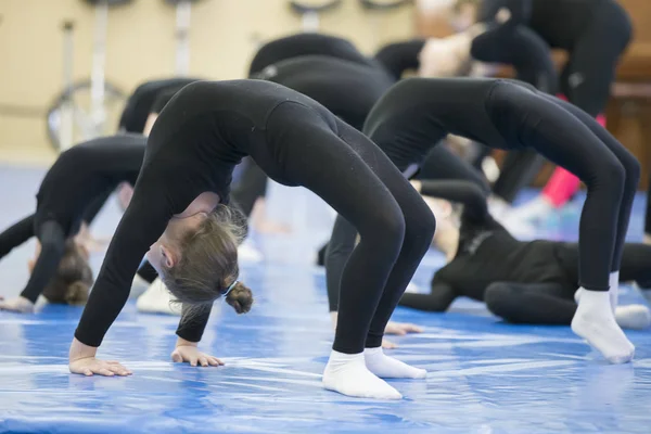 Ginástica Infantil Aula Educação Física Crianças Fazem Exercícios Esportivos — Fotografia de Stock