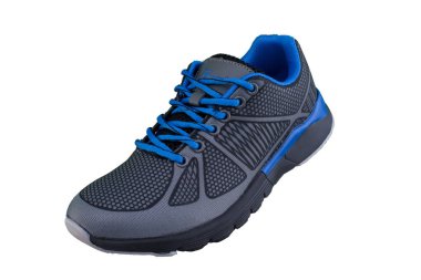 Spor ayakkabılar siyah ve mavi. Beyaz arka planda spor ayakkabılar