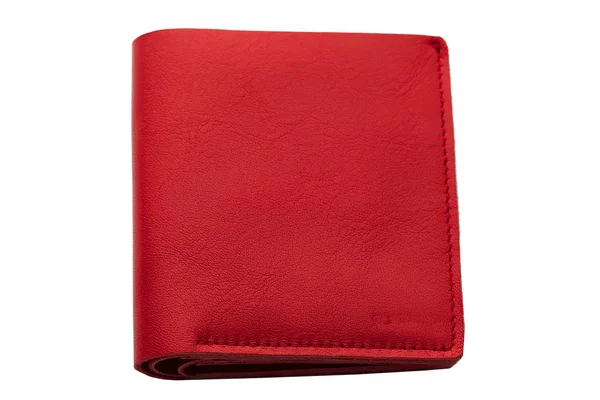 Červená Kožená Kabelka Bílém Pozadí Zblízka Kompaktní Peněženka — Stock fotografie