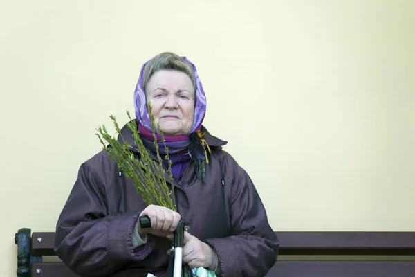 Hviterussland Gomel April 2019 Palmesøndag Kirkehelligdag Kvinne Skjerf Med Pilgrener – stockfoto