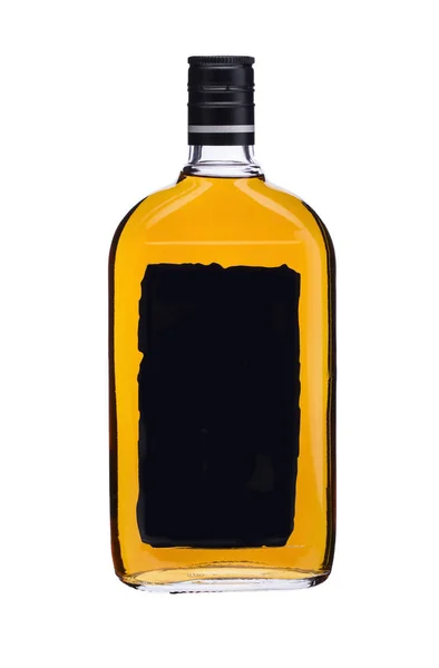 Bottiglia Vetro Con Etichetta Nera Liquida Gialla Sfondo Bianco — Foto Stock