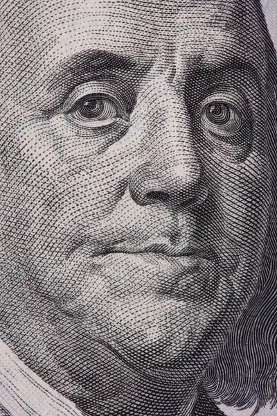 Extrem Makro 100 Dollar Sedel Med Benjamin Franklin Porträtt — Stockfoto