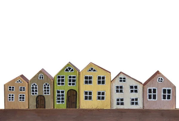 Casas Brinquedo Madeira Fundo Branco Cidade Miniatura Feita Madeira — Fotografia de Stock