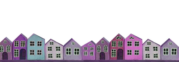 Wooden Toy Purple Houses White Background Banner Miniature Town — Stock Photo, Image