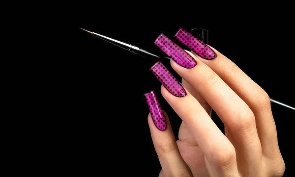 Hand Beautiful Manicure Brush Black Background Nail Design Extended Nails — Stock Photo, Image