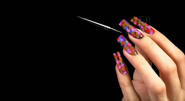 Hand Beautiful Manicure Brush Black Background Nail Design Extended Nails — Stock Photo, Image