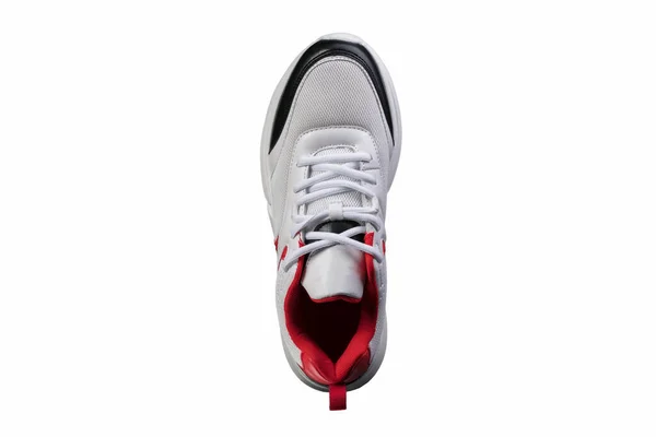 Hvid Sneaker Med Røde Sorte Accenter Top Udsigt Sportssko - Stock-foto