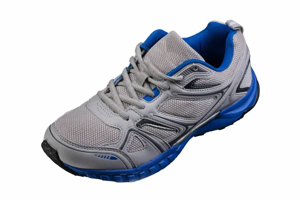 灰色运动鞋与蓝色口音隔离 白色背景运动鞋 — 图库照片