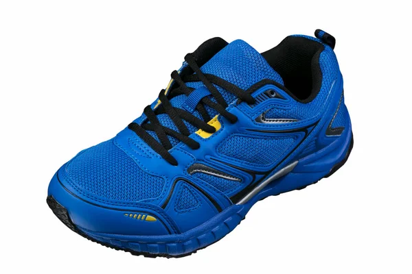 蓝色运动鞋 黄色口音孤立 运动鞋 — 图库照片
