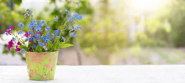 春か夏の背景 陽射しに照らされた古い花器の中の野花の花束 緑の背景に美しい花 — ストック写真