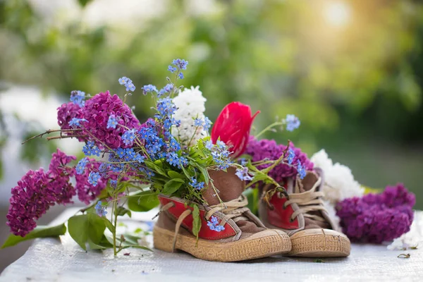 古い靴の中の夏の花の花束 ライラックチューリップはスニーカーから成長します 春と夏の花の背景 — ストック写真